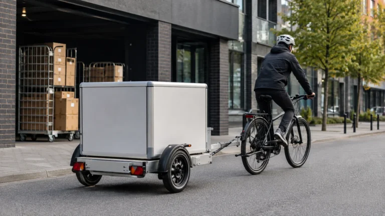 NUEWIEL eTrailer, angetriebener zweirädriger Lastenanhänger, hinter einem E-Bike im Lieferbetrieb