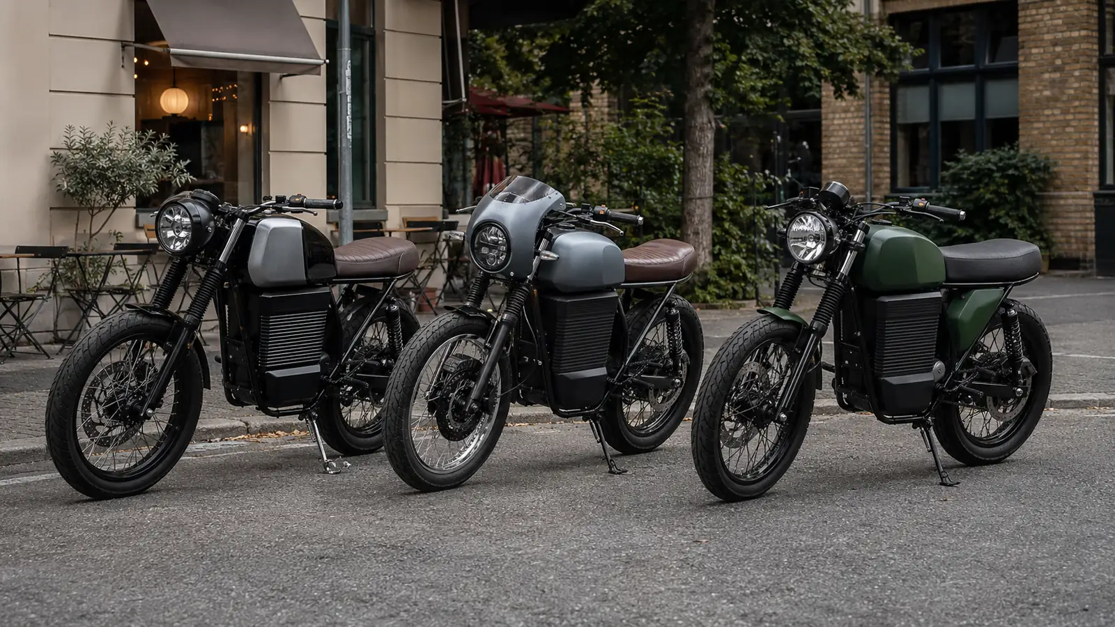 Drei Retro-E-Motorraeder im Cafe-Racer-Stil nebeneinander in einer Stadtszene