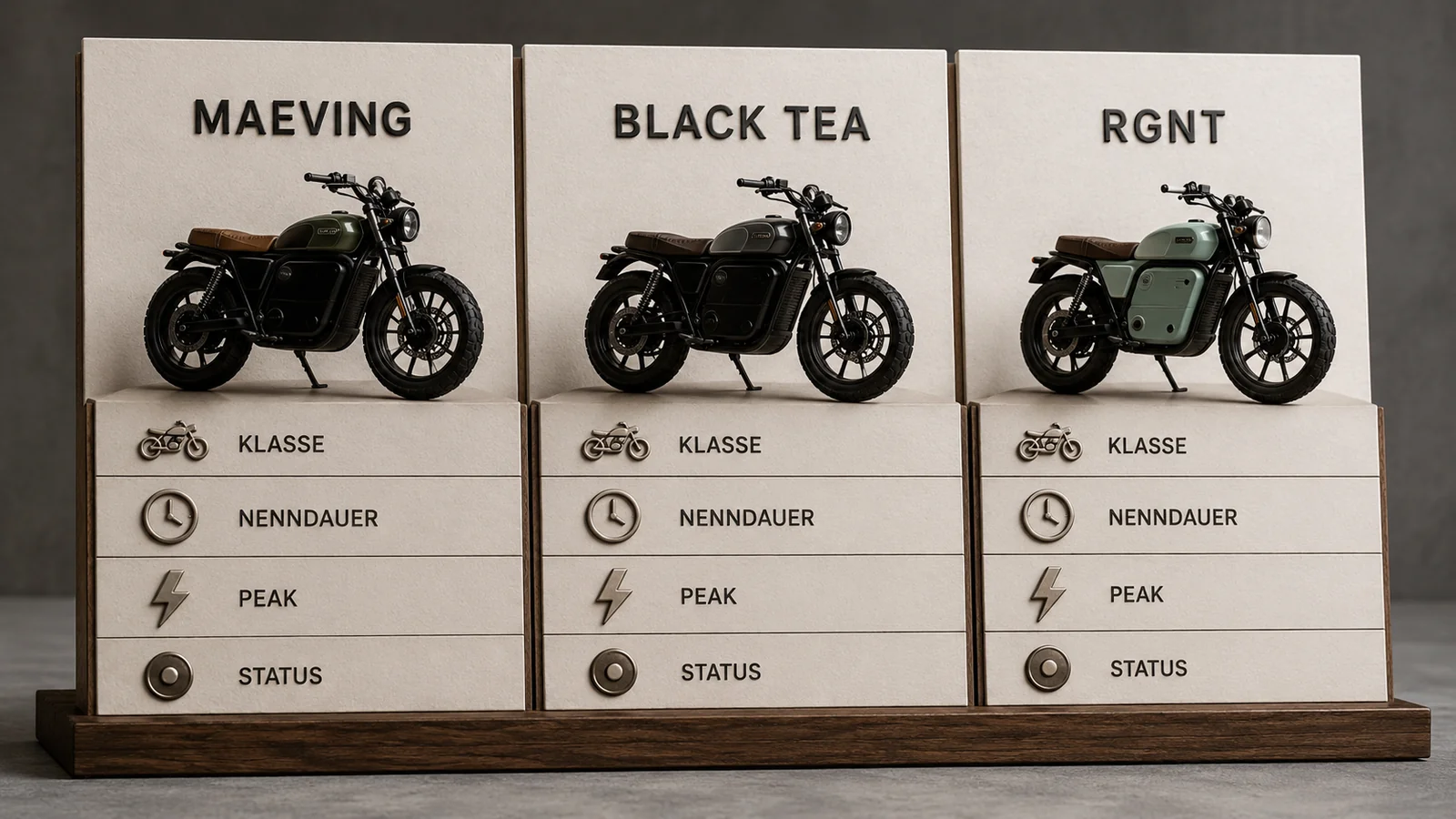 Vergleich Maeving, Black Tea und RGNT nach Klasse, Nenndauerleistung, Peakleistung und Marktstatus