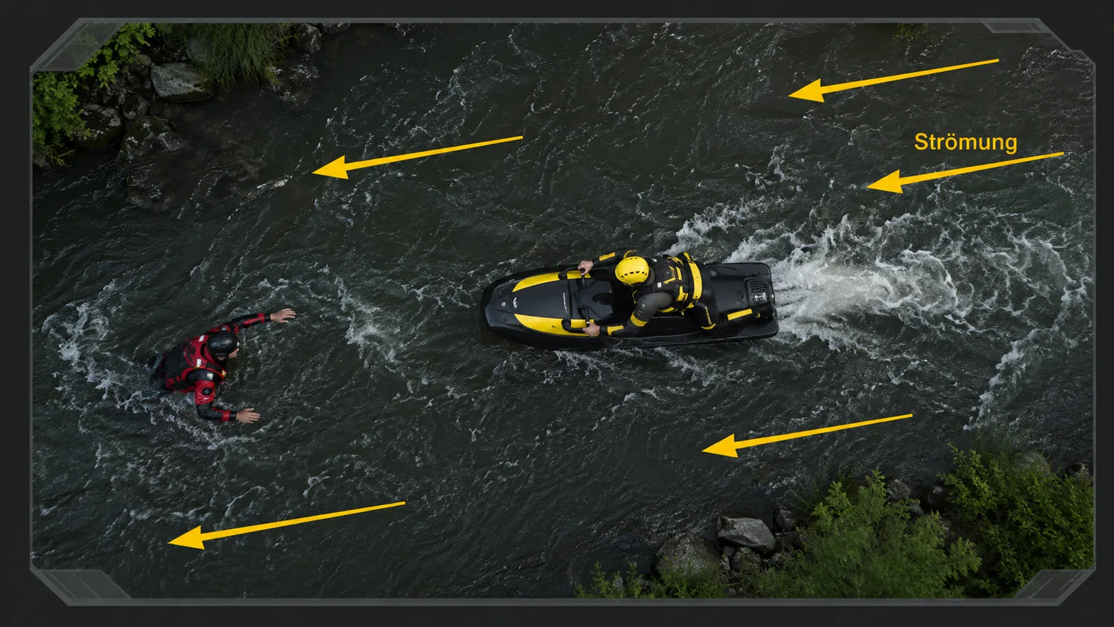 Rettungskraft mit elektrischem Antrieb in Strömung und Fließgewässer