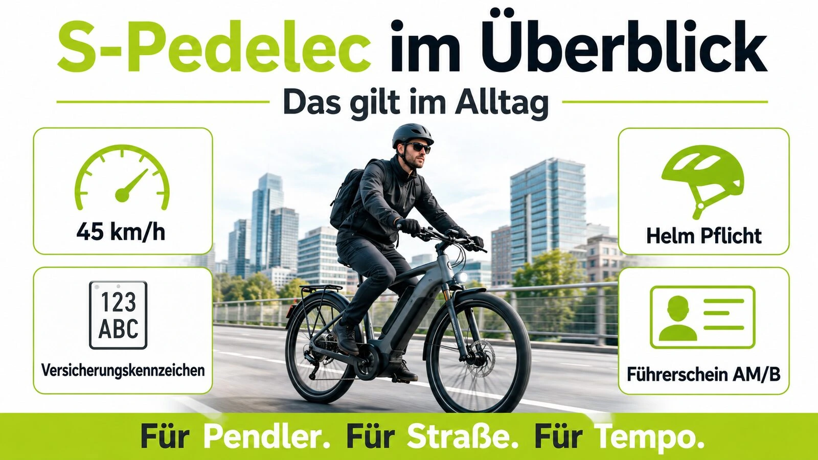 S-Pedelec im Überblick mit 45 km/h, Helm, Versicherungskennzeichen und Führerschein. KI-generierte Grafik.