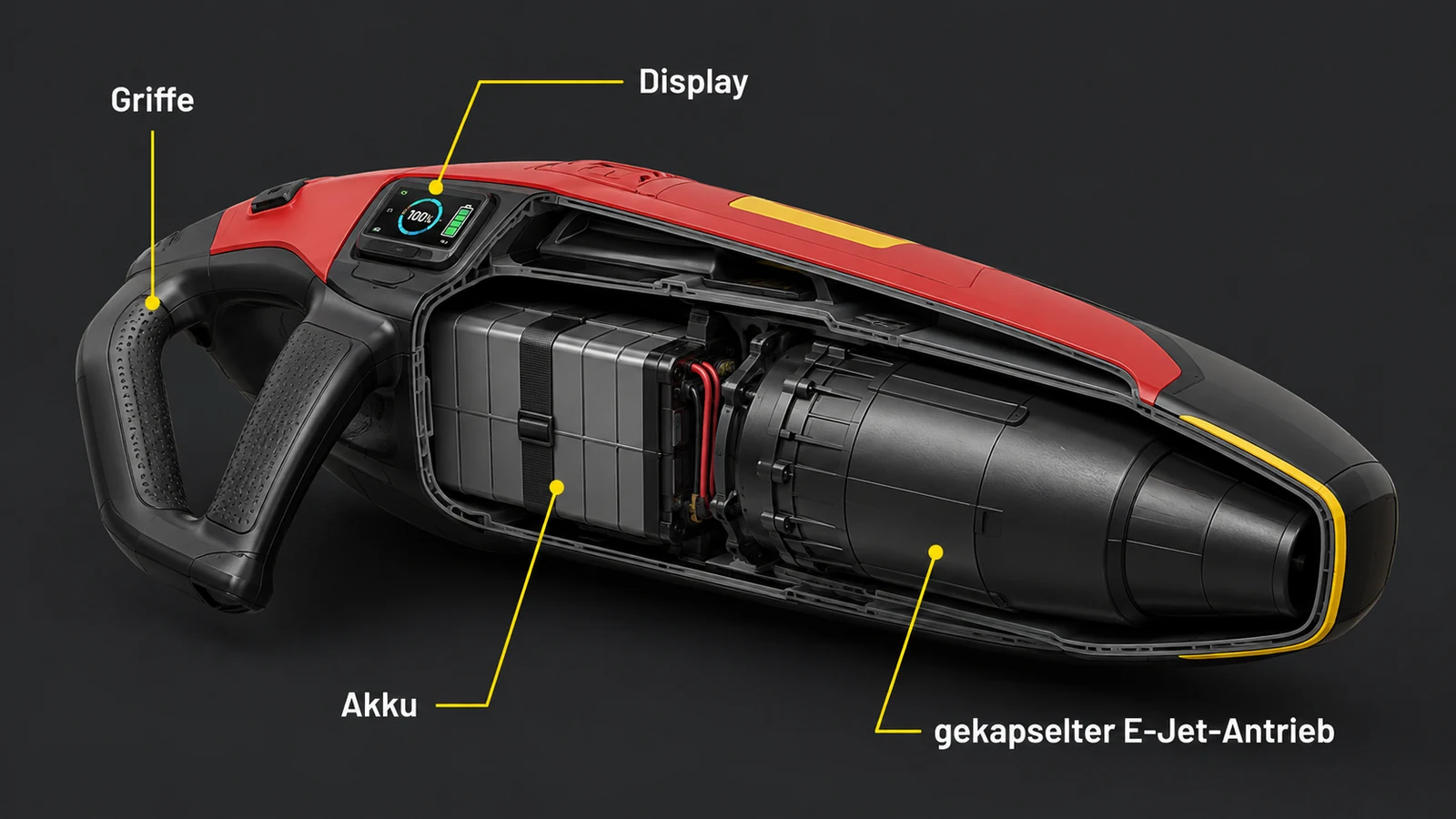 Technik-Schema eines Seabob Rescue mit Griffen, E-Jet-Antrieb und Display
