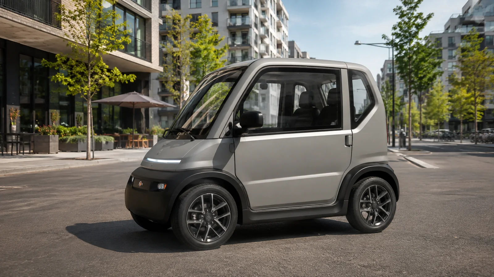 Silence S04 Nanocar in der Stadt, kompaktes zweisitziges Elektro-Microcar