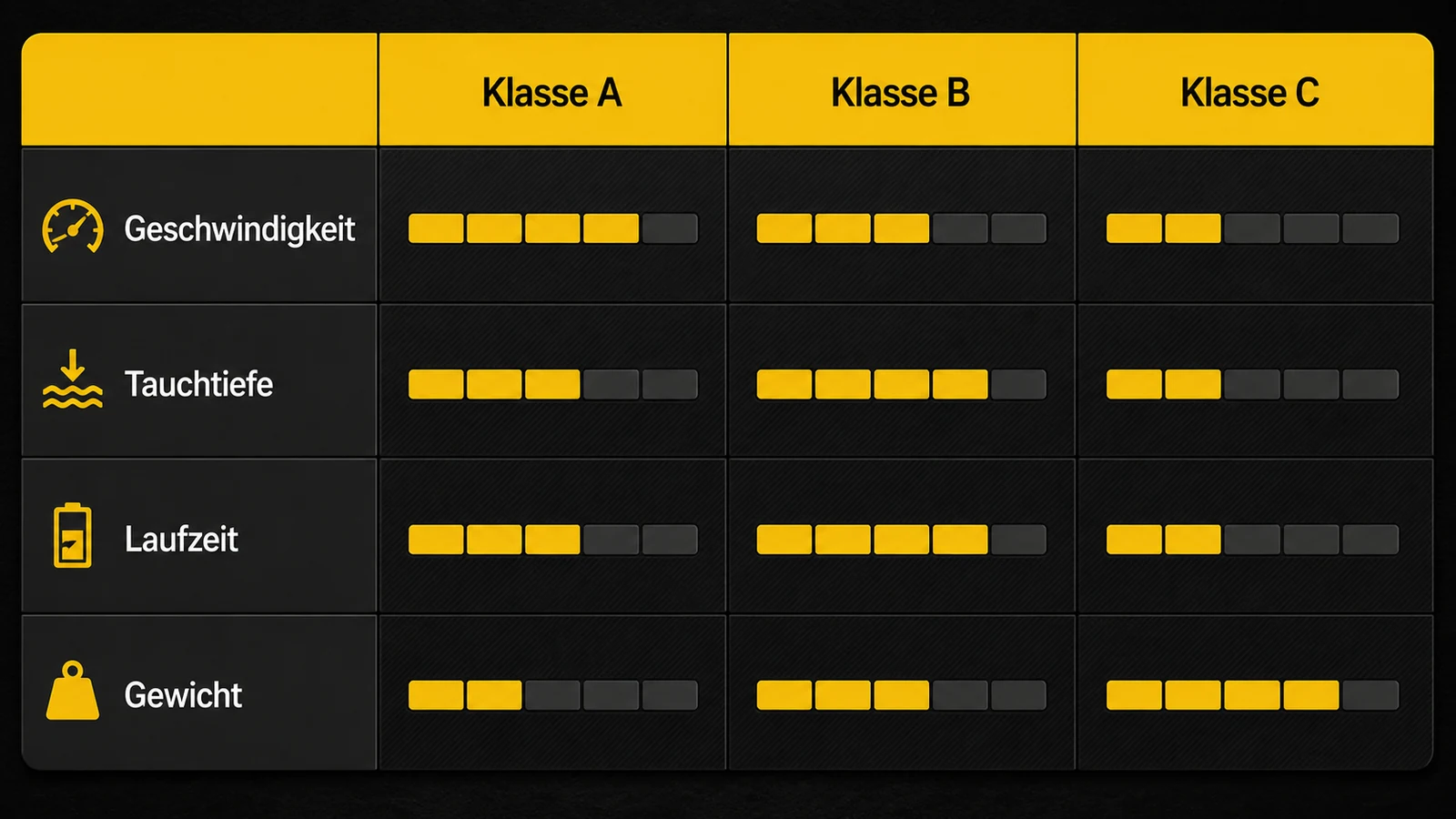 Vergleich der Sublue Modelle nach Speed, Tiefe, Laufzeit und Gewicht