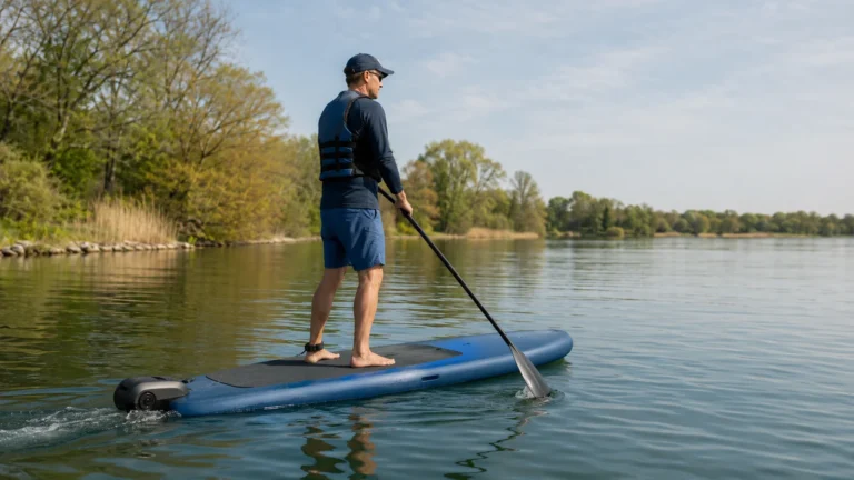 Elektro-SUP mit Motor auf ruhigem See, Paddler steht auf dem Board mit Heckantrieb