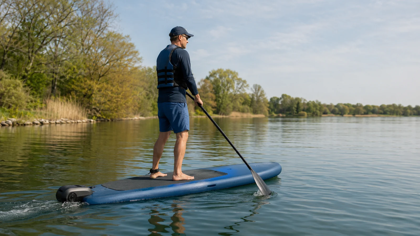 Elektro-SUP mit Motor auf ruhigem See, Paddler steht auf dem Board mit Heckantrieb