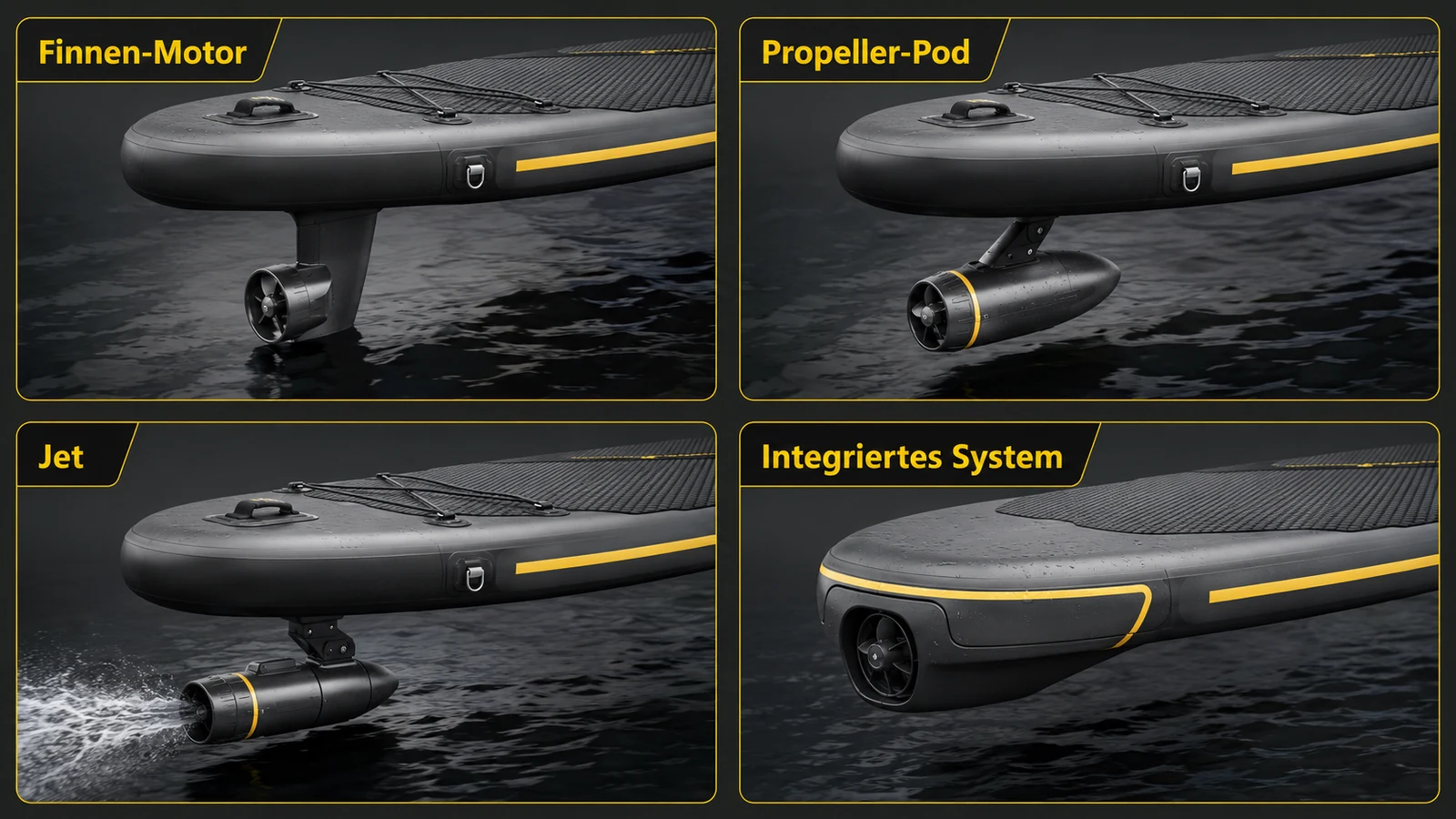 Vier Antriebsarten beim Motor-SUP: Finnen-Motor, Propeller-Pod, Jet und integriertes System im Vergleich