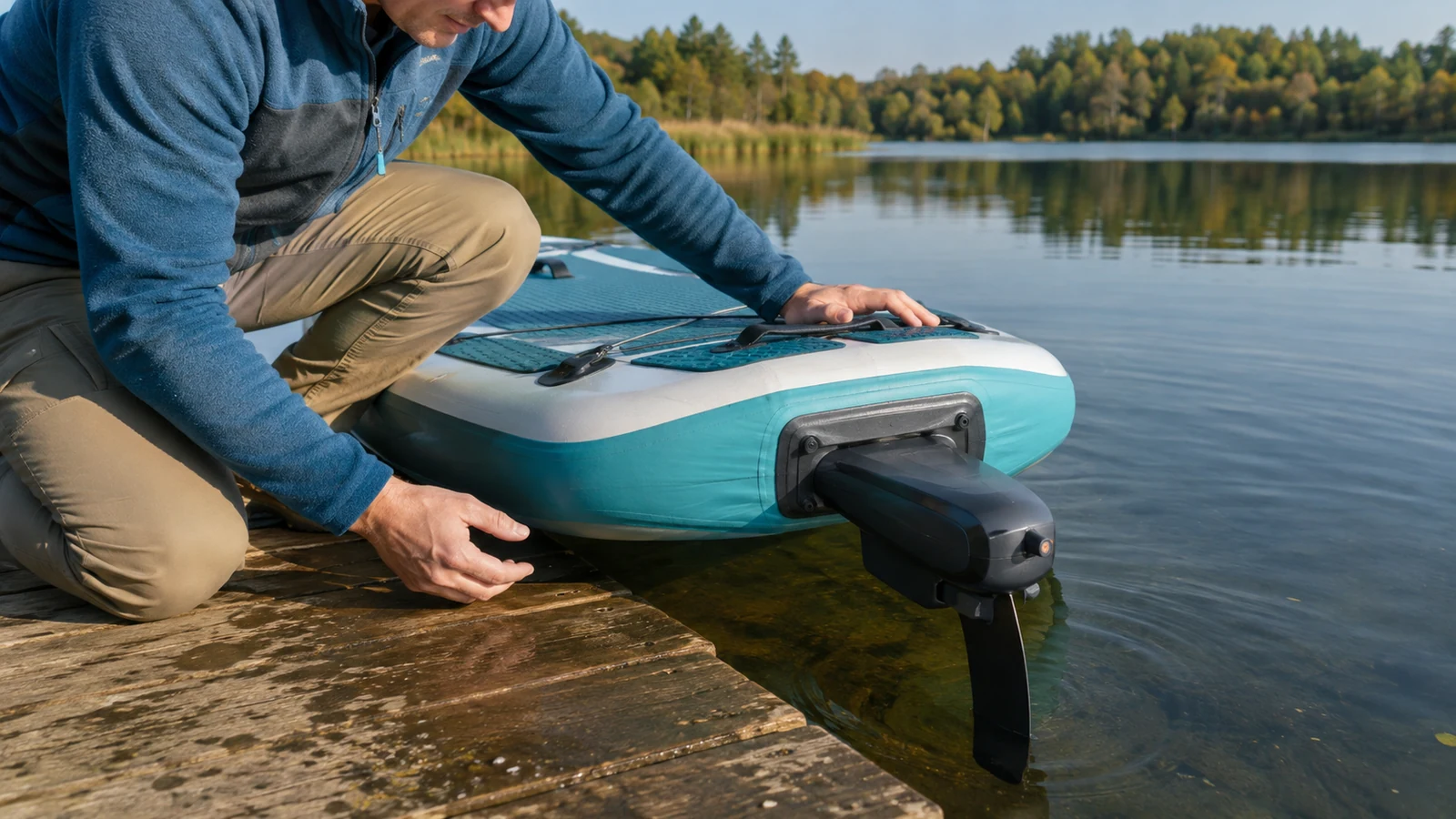 SUP mit nachgerüstetem Elektromotor in der Finnenbox auf ruhigem See, Rechtsthema Kennzeichnung und Gewässerregeln