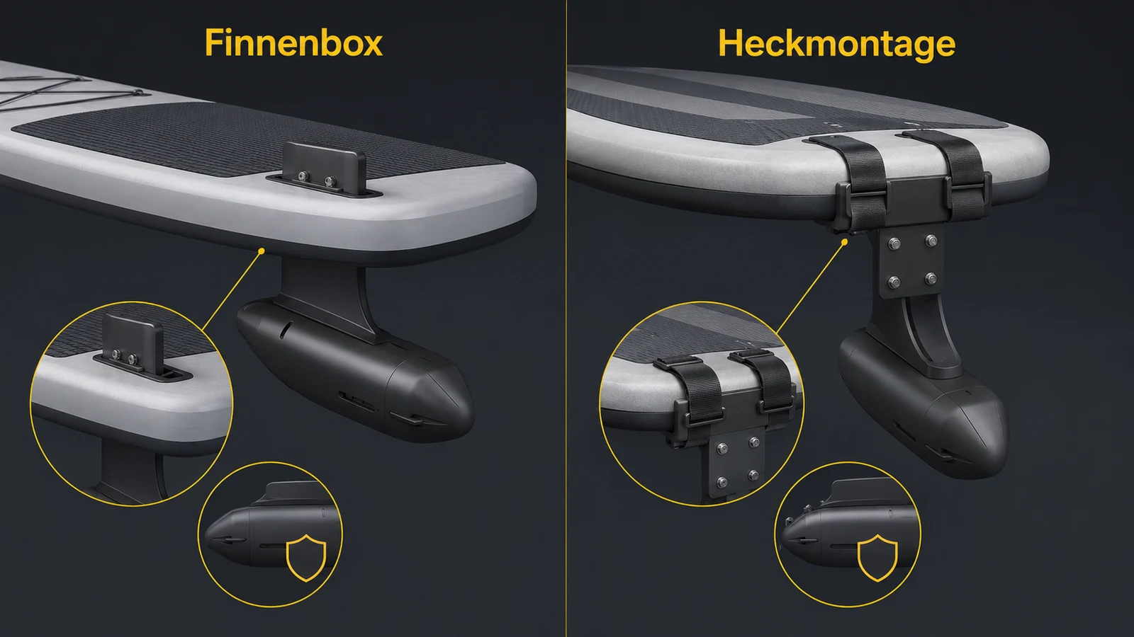 Aufsteckbarer SUP-Motor in Finnenbox und Heckmontage im Vergleich