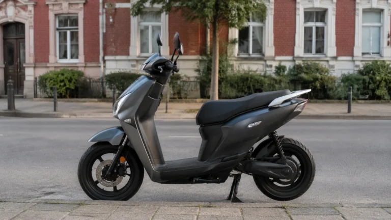 Suzuki e-Address Elektroroller in der Stadt, seitliche Ansicht