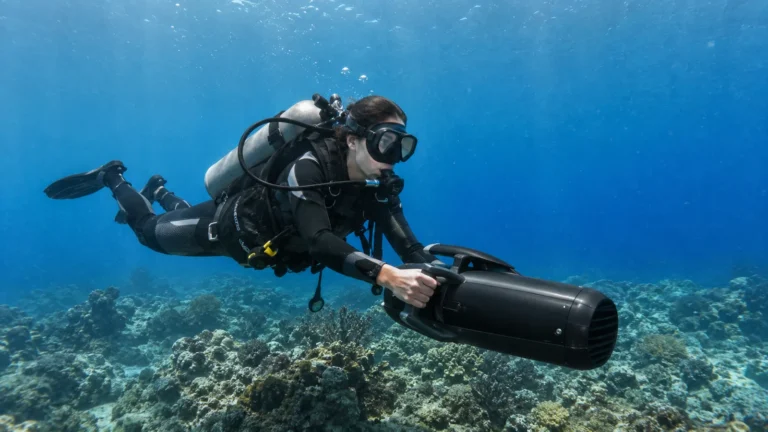Taucher gleitet mit einem Tauchscooter durch klares Wasser über einem Riff