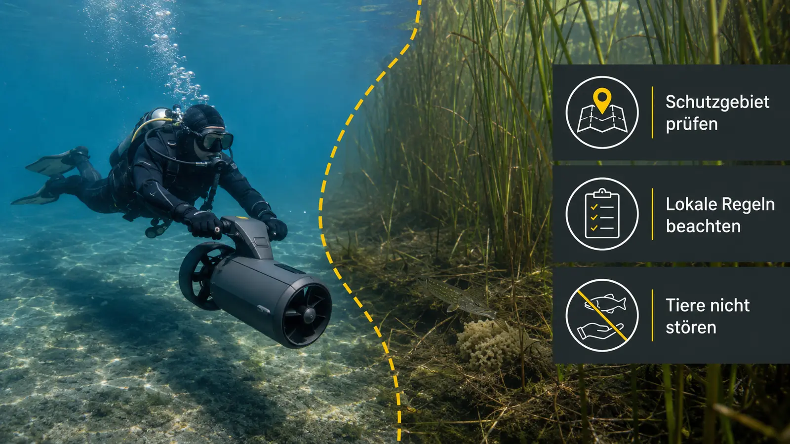 Schaubild Naturschutz am Gewässer: Seegraswiesen, Schutzgebiete und geschützte Biotope meiden
