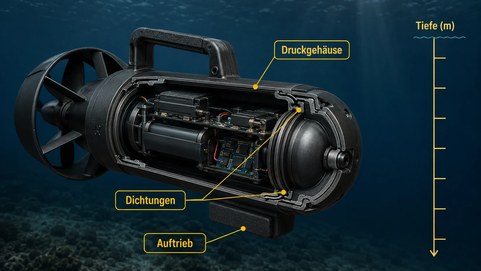 Schema Tauchtiefe und Druckgehäuse eines Unterwasser-Scooters