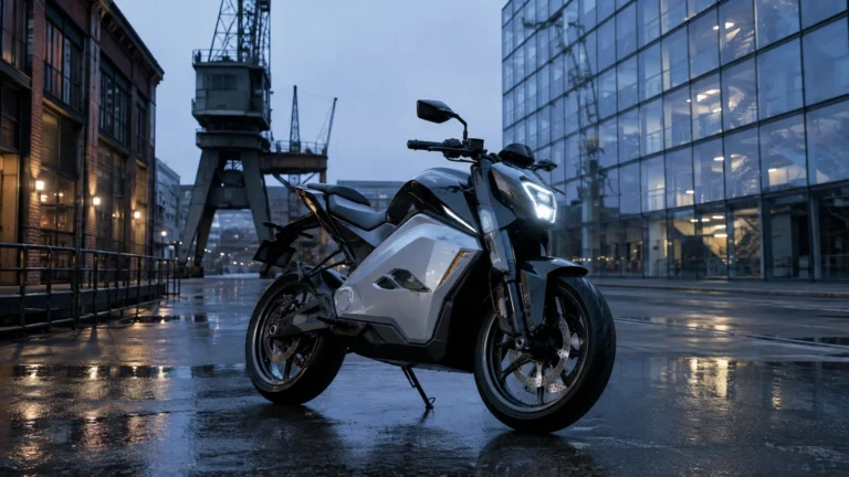 Ultraviolette F77 Mach 2 E-Motorrad in Seitenansicht auf neutralem Untergrund