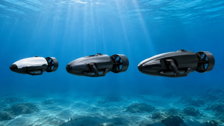 Drei Unterwasser-Scooter der Budget-, Mittel- und Premiumklasse nebeneinander unter Wasser