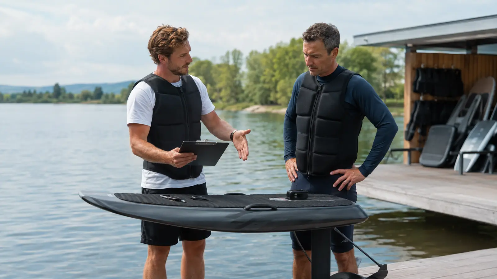 Gewerblicher eFoil-Verleih am See: Guide weist Kundin vor der ersten Fahrt in Board, Fernbedienung und Schwimmweste ein