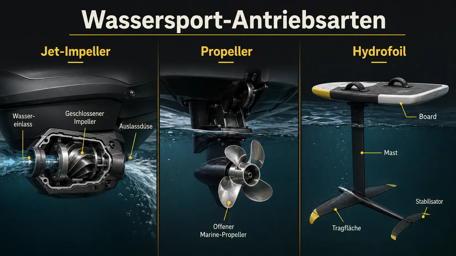 Vergleich der Antriebsarten Jet-Impeller, Propeller und Hydrofoil im elektrischen Wassersport