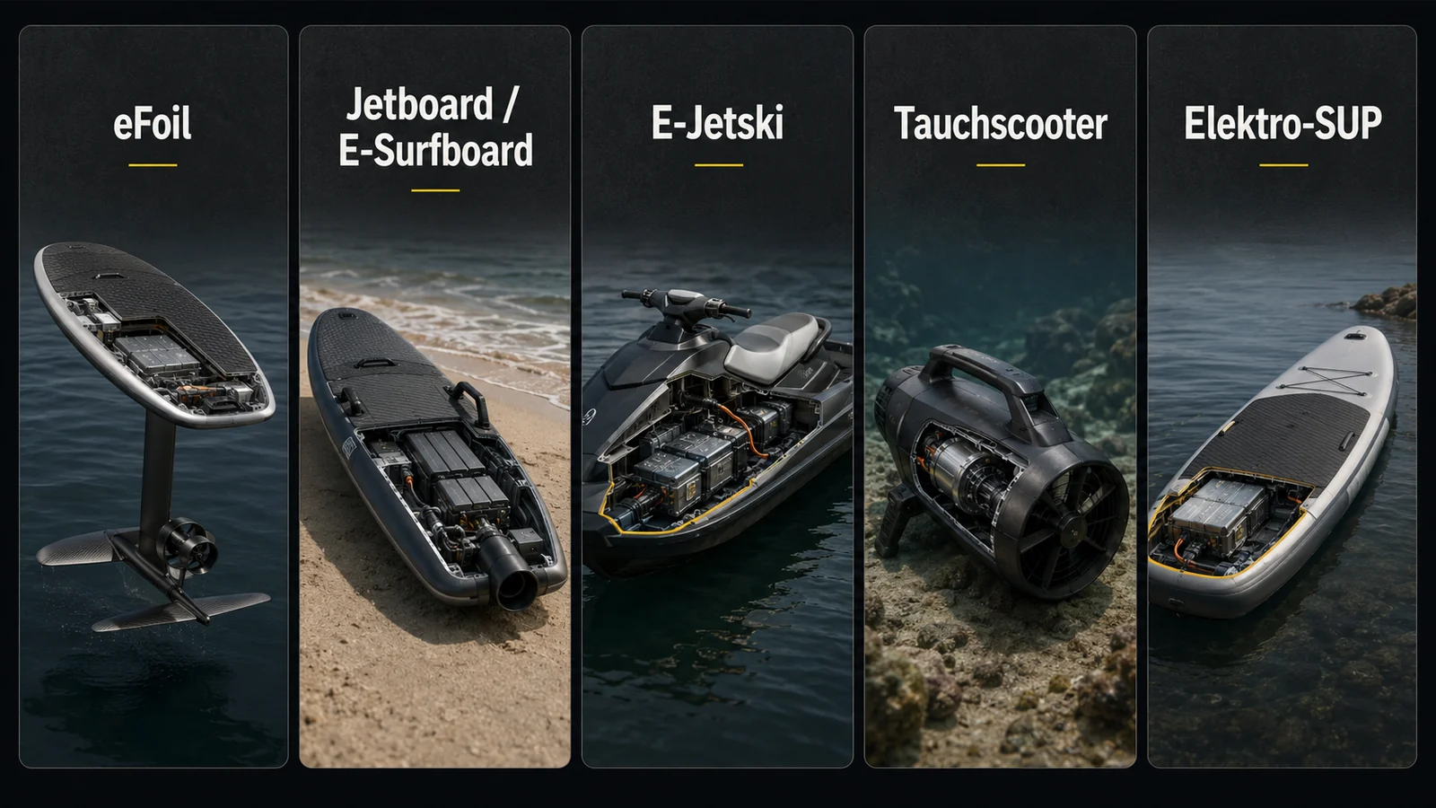 Übersichtsgrafik der fünf Kategorien eFoil, Jetboard, E-Jetski, Tauchscooter und Elektro-SUP