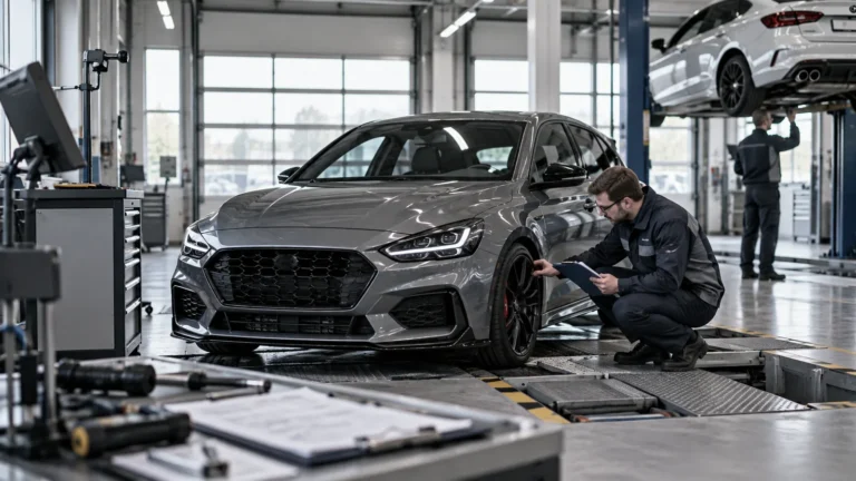 §19(3), §19(2) oder §21: Servicetechniker prüft Fahrzeugpapiere und Bauteile in der Werkstatt. KI-generiertes Symbolbild · redaktionell geprüft.