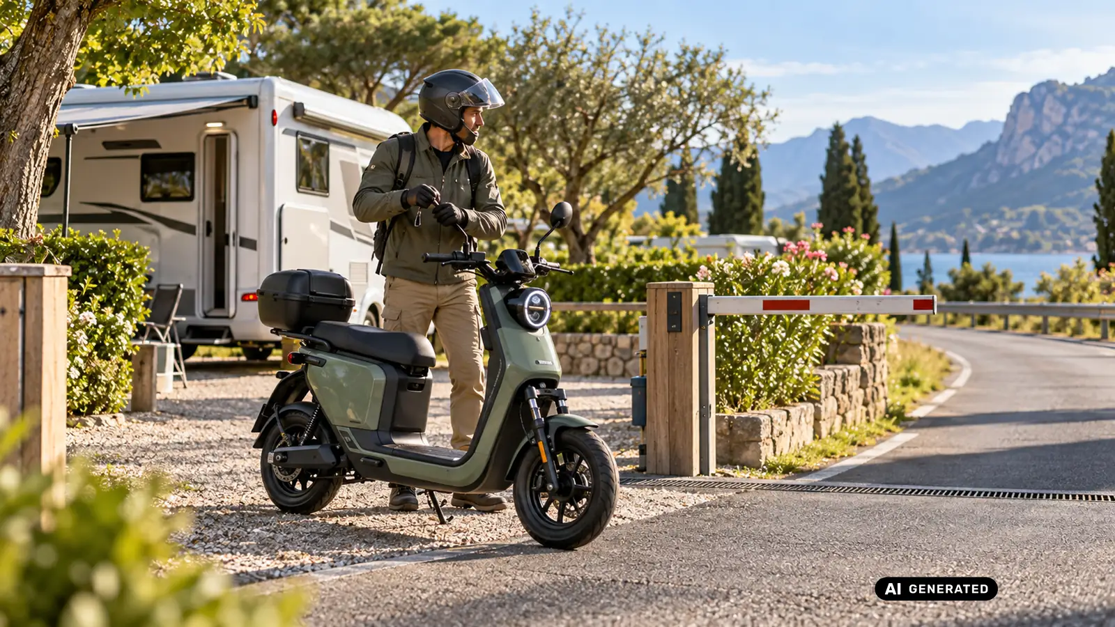 Fahrer mit Helm startet an der Schranke eines Campingplatzes mit einem sitzenden Elektroroller. KI-generiertes Symbolbild · redaktionell geprüft.