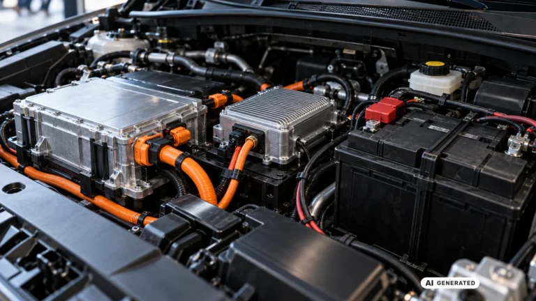 Motorraum mit Hochvoltkomponenten und klassischer 12-Volt-Batterie nebeneinander. KI-generiertes Symbolbild · redaktionell geprüft.