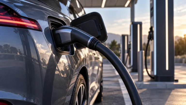 Elektroauto an DC-Schnellladesaeule. KI-generiertes Symbolbild · redaktionell geprüft.