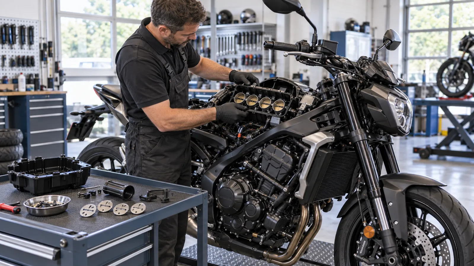 Mechaniker hebt die Drosselklappeneinheit ab, auf dem Werkstattwagen liegen vier Drosselscheiben. KI-generierte Szene · redaktionell geprüft.