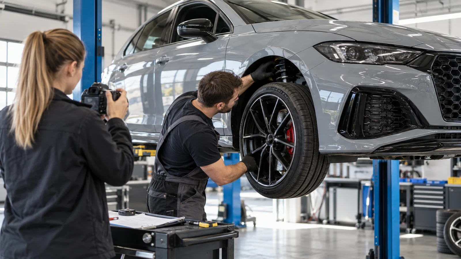 Frau fotografiert, während ein Mechaniker am angehobenen Fahrzeug das Rad prüft. KI-generierte Szene · redaktionell geprüft.