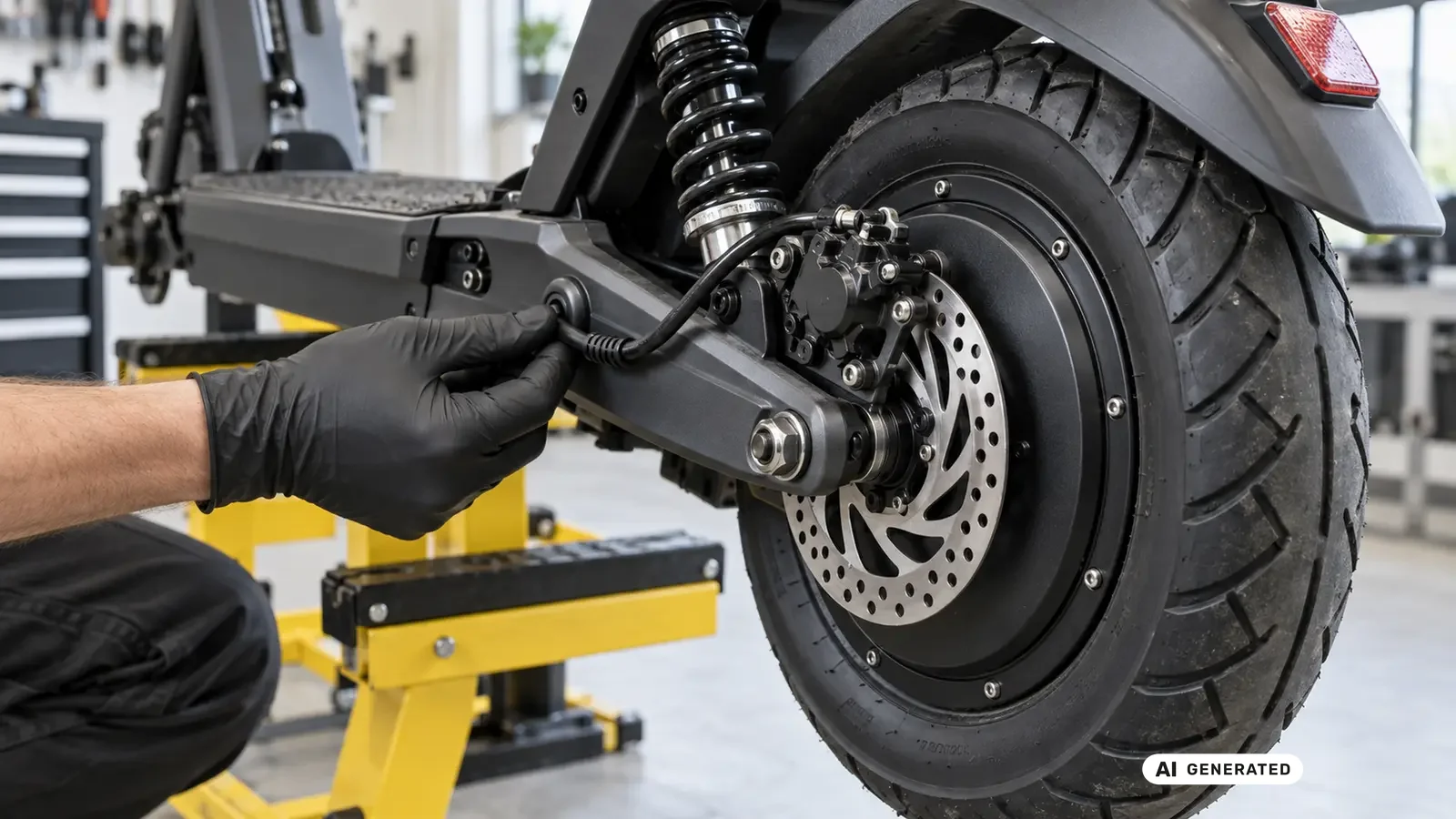 Hinterradantrieb, Scheibenbremse und Federung eines E-Scooters in der Werkstatt KI-generiertes Symbolbild · redaktionell geprüft.