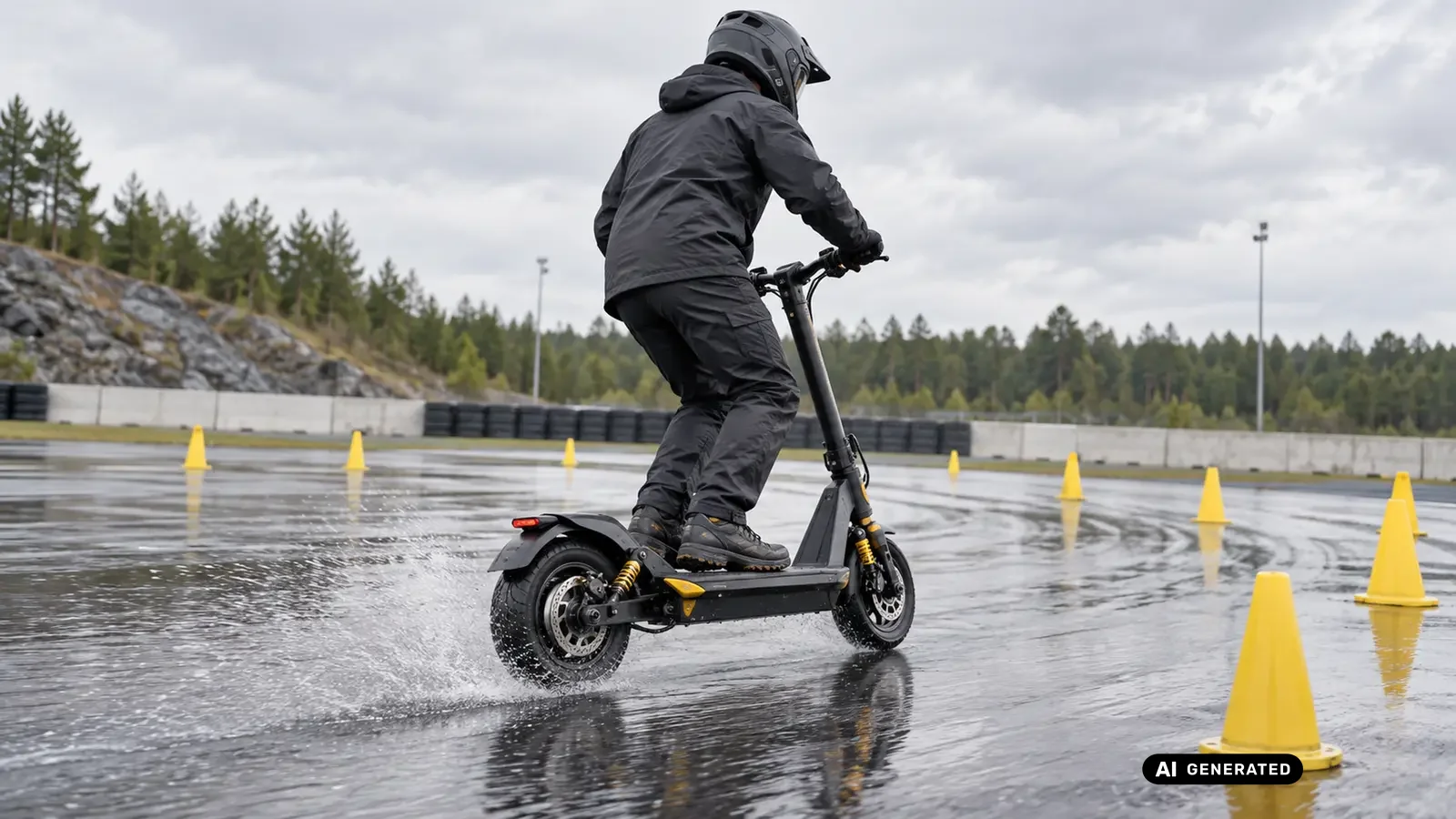 E-Scooter bei einem kontrollierten Traktionstest auf nasser Testfläche KI-generiertes Symbolbild · redaktionell geprüft.