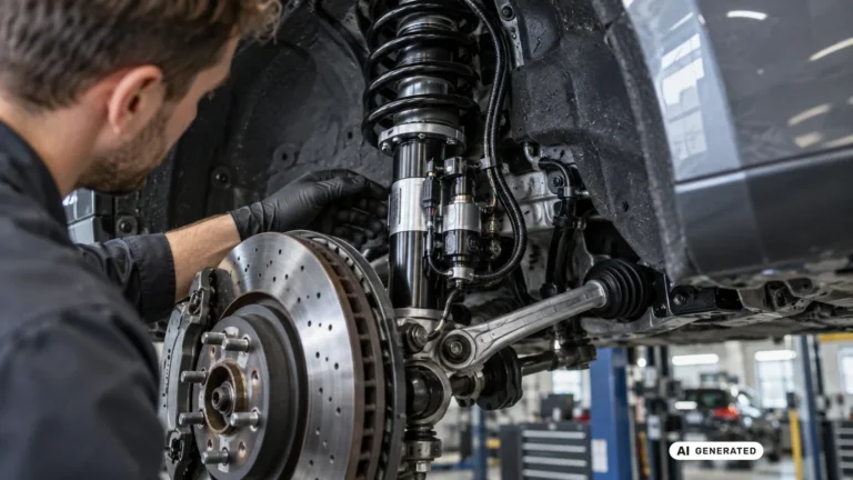 Mechaniker untersucht einen elektronisch verstellbaren Stoßdämpfer mit Bremsscheibe am angehobenen Fahrzeug. KI-generiertes Symbolbild · redaktionell geprüft.