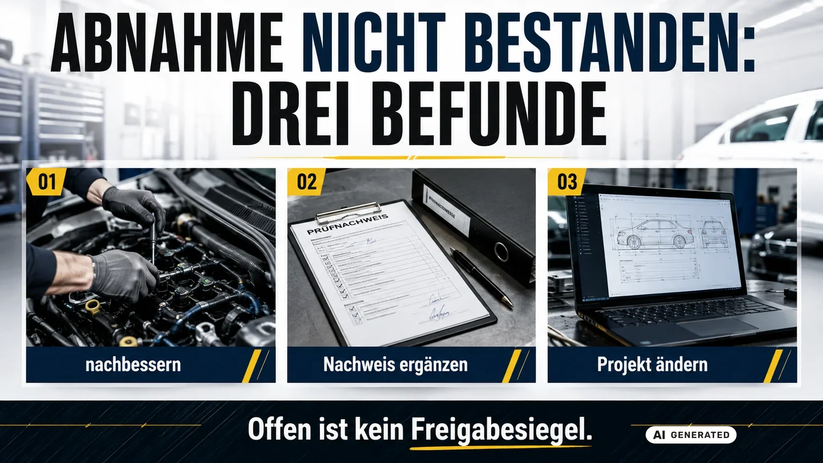 Drei Wege nach der abgelehnten Abnahme: nachbessern, Nachweis ergänzen oder das Projekt selbst ändern. — KI-generierte Szene, redaktionell geprüft