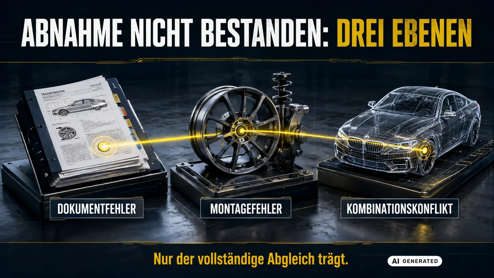 Nicht bestandene Abnahme in drei Fehlerebenen: Dokumentfehler, Montagefehler und Kombinationskonflikt. — KI-generierte Szene, redaktionell geprüft