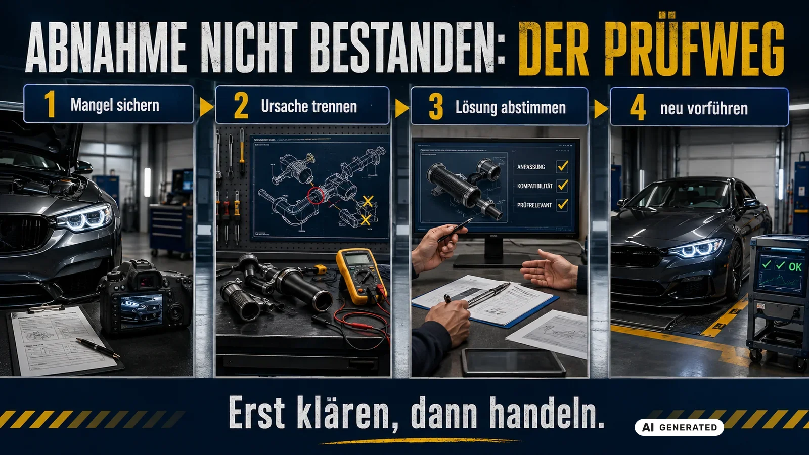 Vier Schritte nach der abgelehnten Abnahme: Mangel sichern, Ursache trennen, Lösung abstimmen, neu vorführen. — KI-generierte Szene, redaktionell geprüft