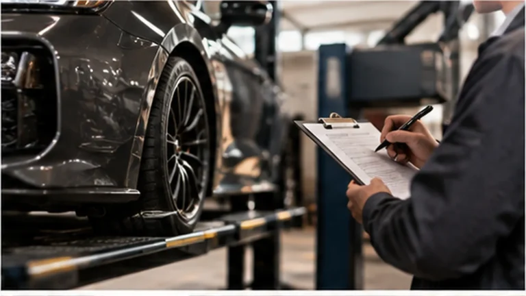 Änderungsabnahme nicht bestanden: Servicetechniker prüft Fahrzeugpapiere und Bauteile in der Werkstatt. KI-generiertes Symbolbild · redaktionell geprüft.