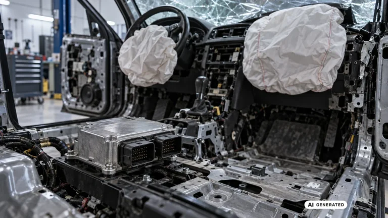 Ausgelöste Airbags und freigelegtes Airbag-Steuergerät im Innenraum eines verunfallten Fahrzeugs. KI-generiertes Symbolbild · redaktionell geprüft.