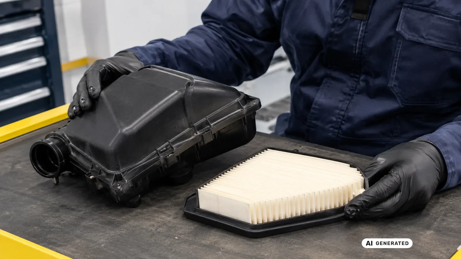 Geschlossene Motorrad-Airbox und neutraler Filtereinsatz auf einer Werkbank — KI-generierte Szene, redaktionell geprüft