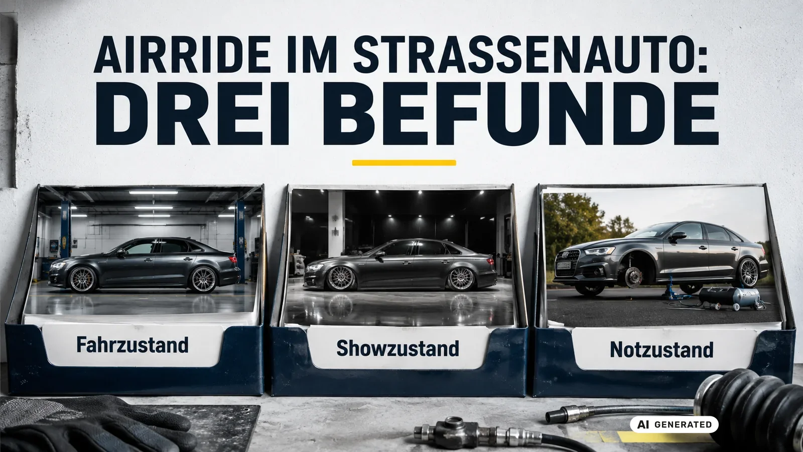 Drei Betriebszustände einer Luftfahrwerksanlage nebeneinander: Fahrzustand, Showzustand und Notzustand. — KI-generierte Szene, redaktionell geprüft
