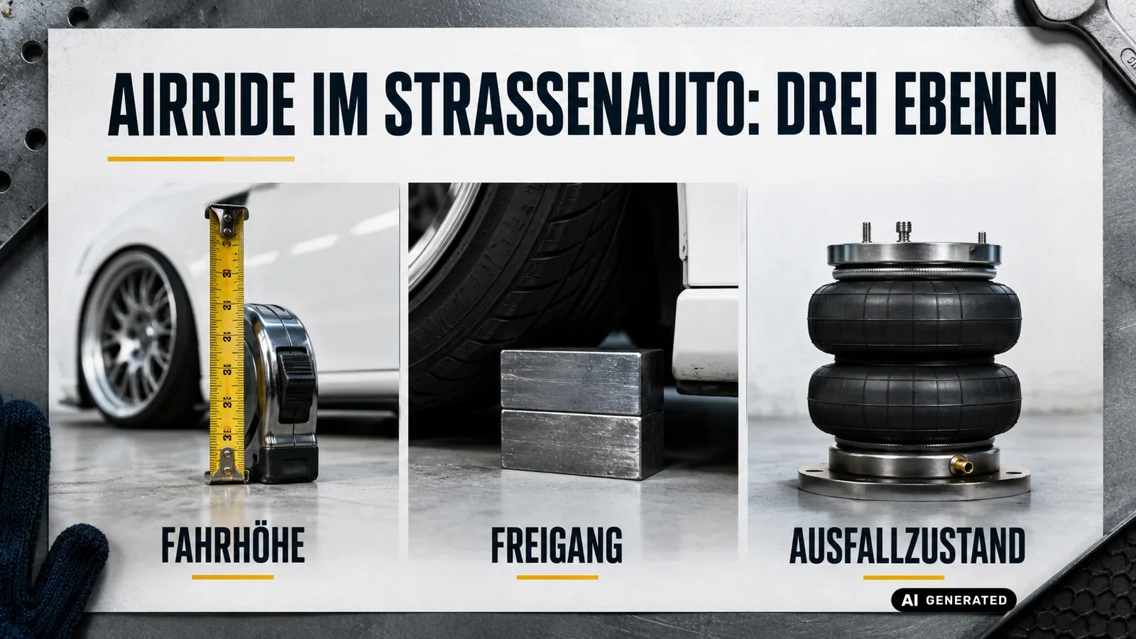 Airride im Straßenauto in drei Ebenen: Fahrhöhe, Freigang am Rad und der Ausfallzustand des Systems. — KI-generierte Szene, redaktionell geprüft