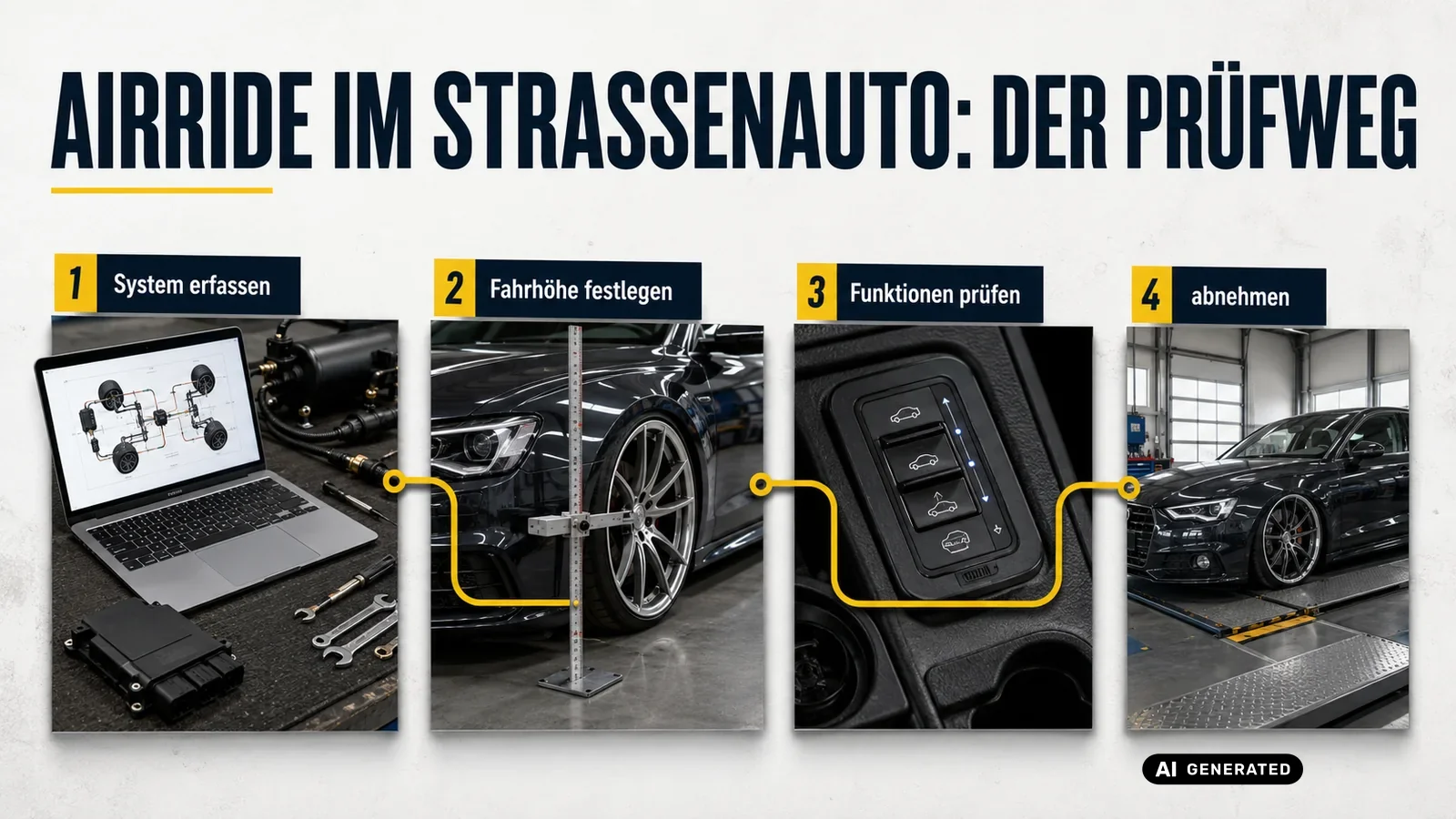 Vier Schritte beim Airride: System erfassen, Fahrhöhe festlegen, Funktionen prüfen und abschließend abnehmen. — KI-generierte Szene, redaktionell geprüft
