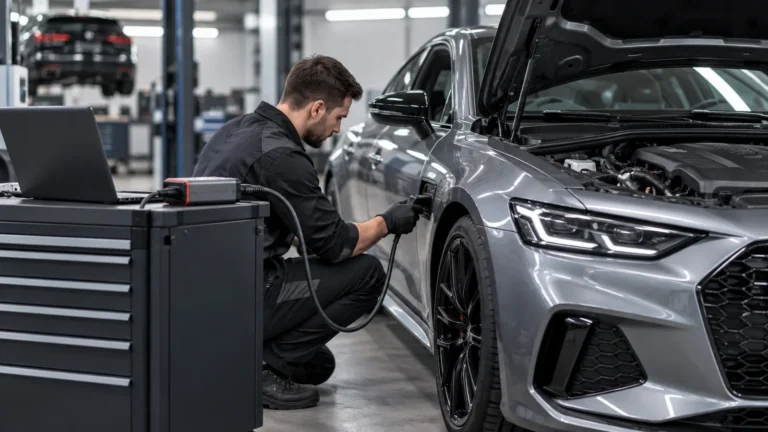 Airride im Straßenauto: Servicetechniker prüft ein Fahrzeug und zugehörige Bauteile in der Werkstatt. KI-generiertes Symbolbild · redaktionell geprüft.