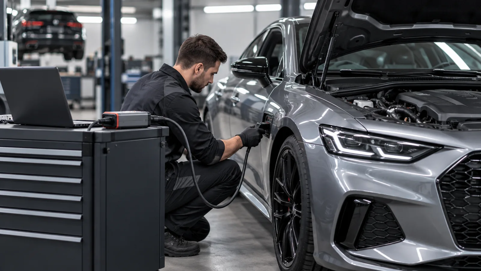 Airride im Straßenauto: Servicetechniker prüft ein Fahrzeug und zugehörige Bauteile in der Werkstatt. KI-generiertes Symbolbild · redaktionell geprüft.