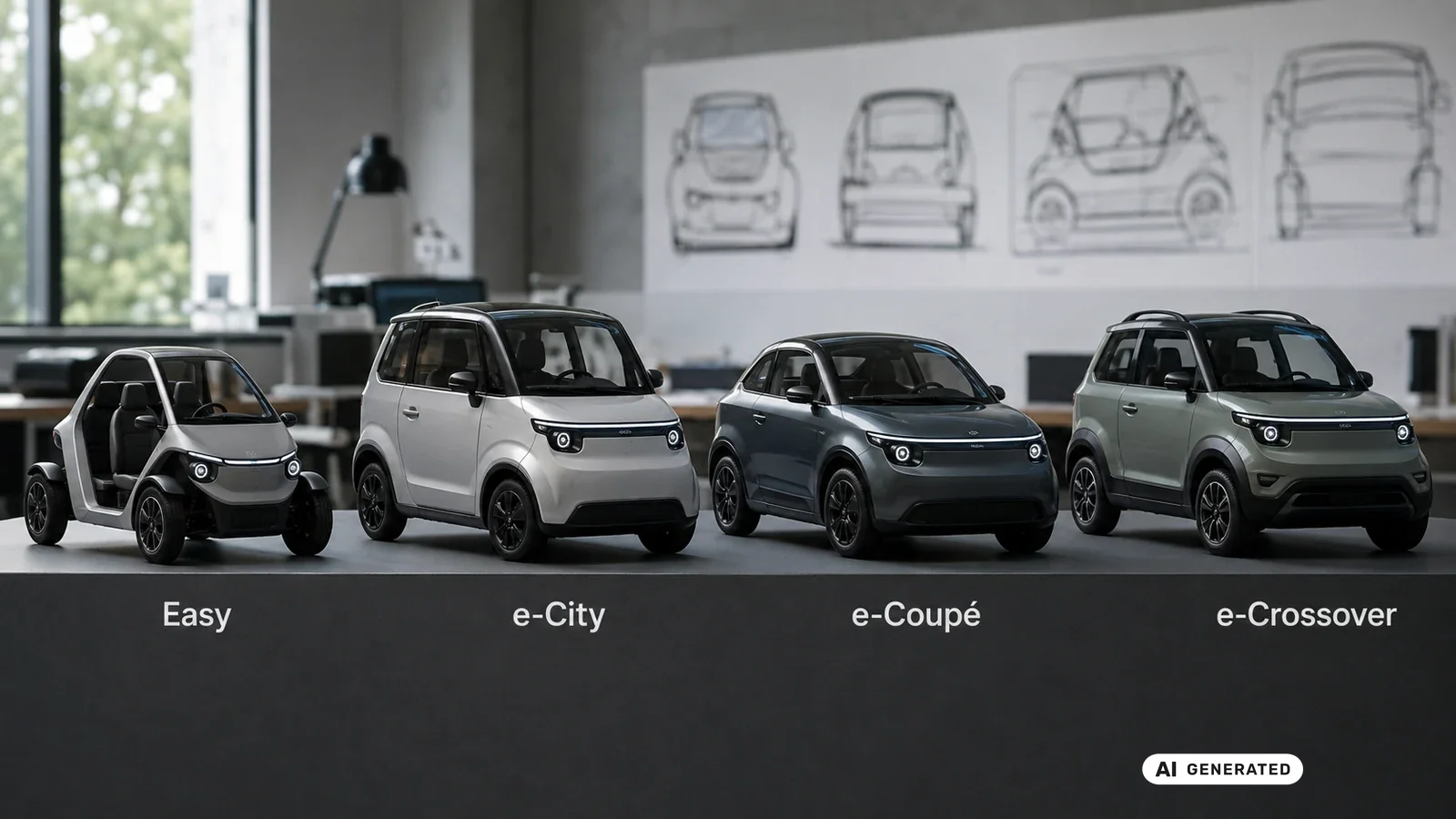 Übersicht der e-Aixam-Modelle Easy, e-City, e-Coupé und e-Crossover. KI-generiertes Symbolbild · redaktionell geprüft.