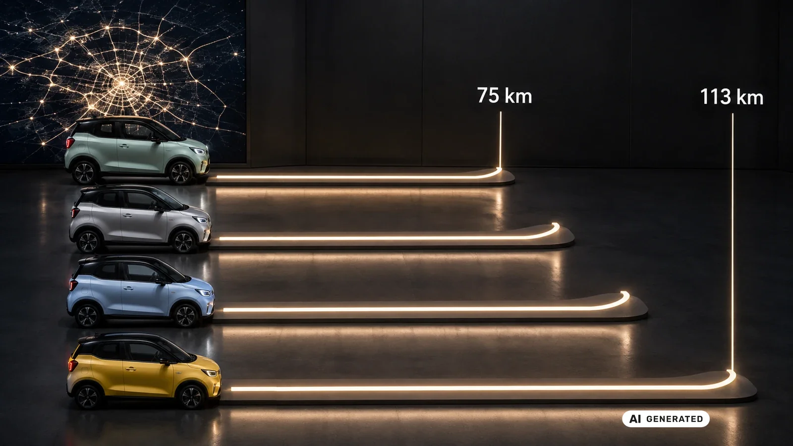 Reichweite der e-Aixam-Modelle von rund 75 bis 113 km im Balkenvergleich. KI-generiertes Symbolbild · redaktionell geprüft.