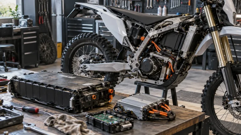 Zerlegte E-Enduro, auf der Werkbank Akkupack, geöffnetes BMS und Controller mit orangefarbenen Hochvoltleitungen. KI-generiertes Symbolbild · redaktionell geprüft.