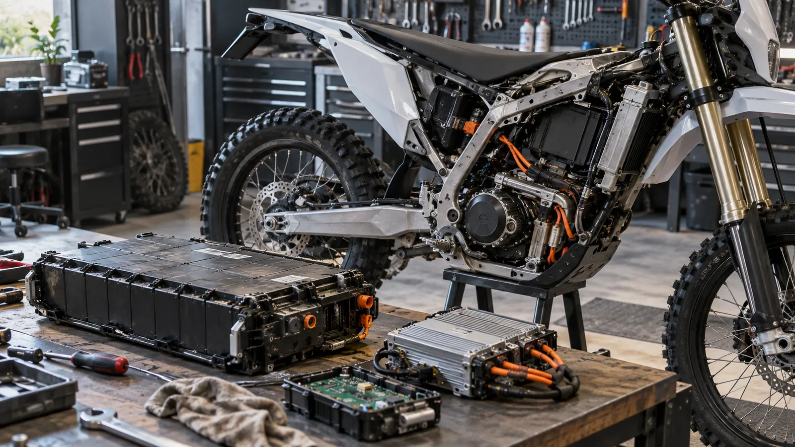 Zerlegte E-Enduro, auf der Werkbank Akkupack, geöffnetes BMS und Controller mit orangefarbenen Hochvoltleitungen. KI-generiertes Symbolbild · redaktionell geprüft.