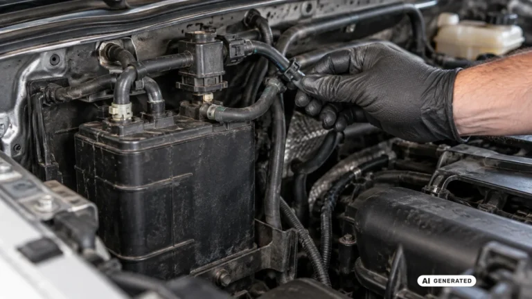Aktivkohlebehälter mit Purge-Ventil im Motorraum. KI-generiertes Symbolbild · redaktionell geprüft.
