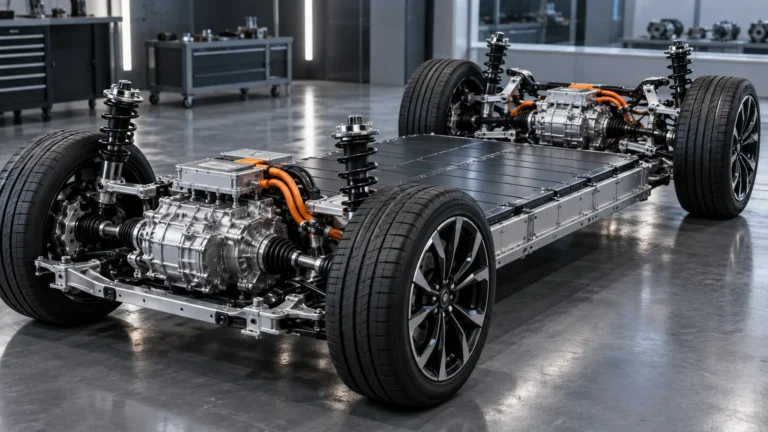 EV-Chassis mit zwei E-Achsen. KI-generiertes Symbolbild · redaktionell geprüft.