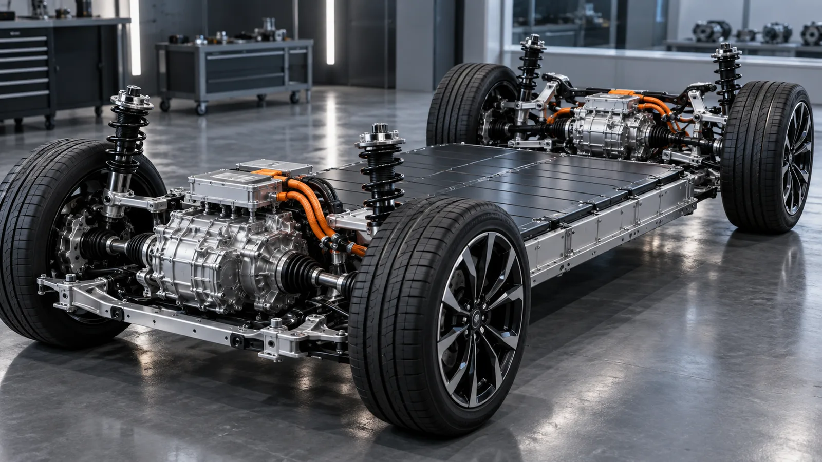 EV-Chassis mit zwei E-Achsen. KI-generiertes Symbolbild · redaktionell geprüft.
