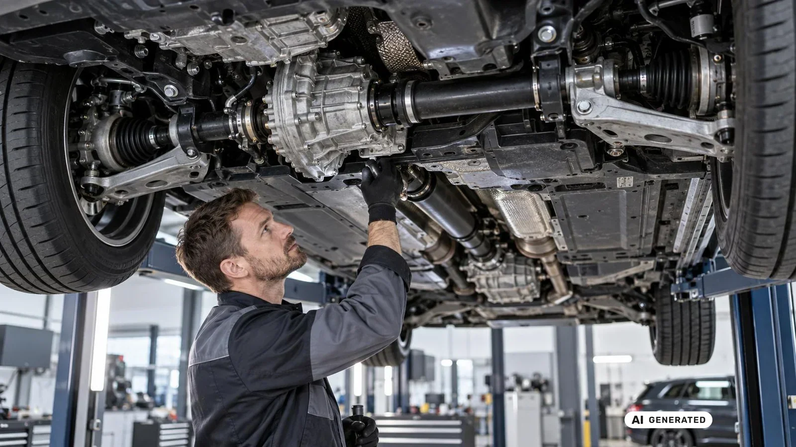 Mechaniker prüft die Verteilergetriebe-Kupplungseinheit am Unterboden eines Allradfahrzeugs. KI-generiertes Symbolbild · redaktionell geprüft.